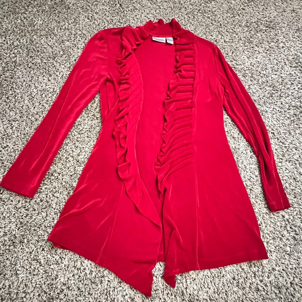 Chicos Travelers Red Ruffle Open Front Cardigan‎ Slinky Knit Sharkbite Size 0 XS